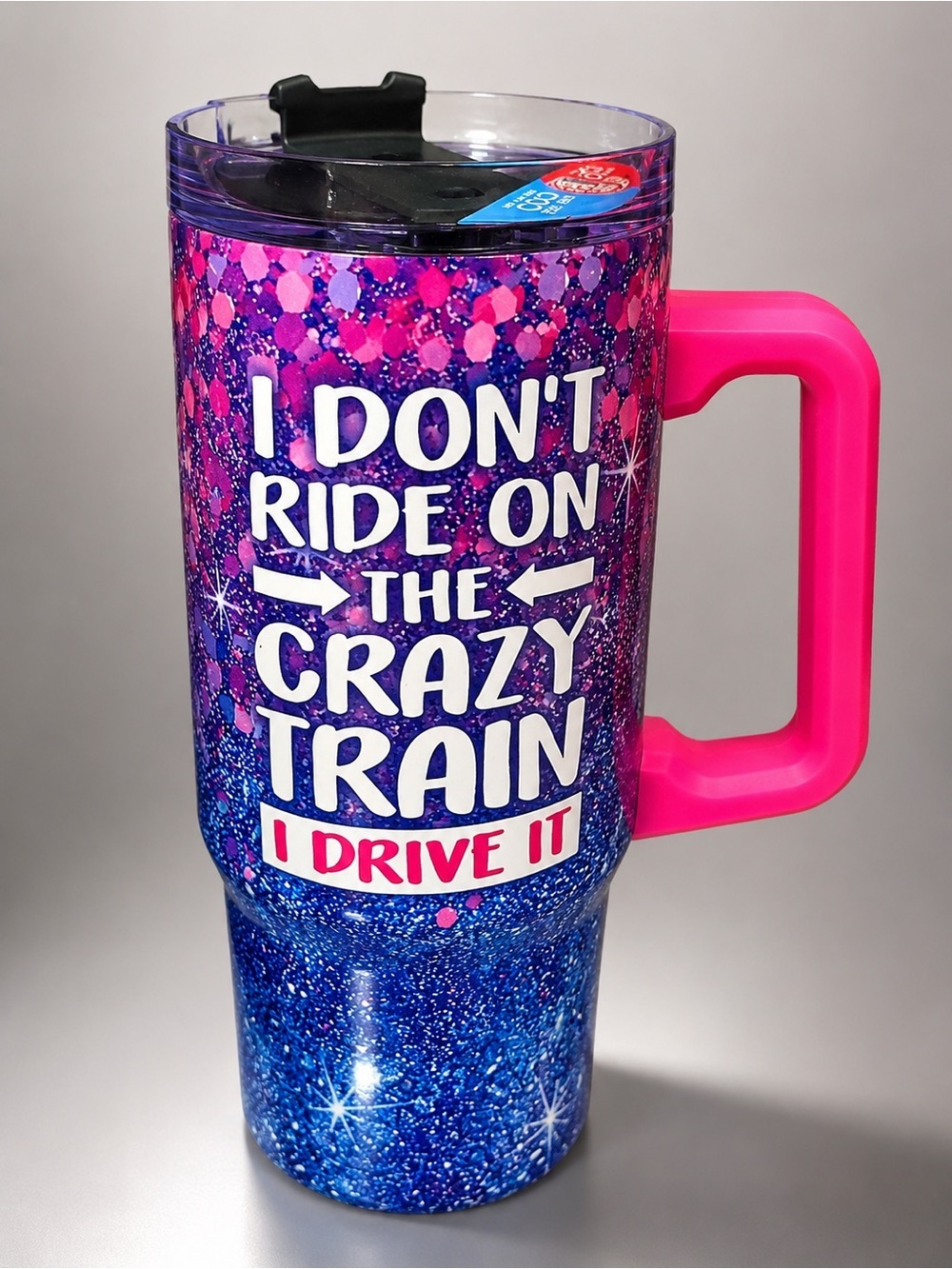 Hand Crafted Pink and Purple Glitter Travel Mug with Handle